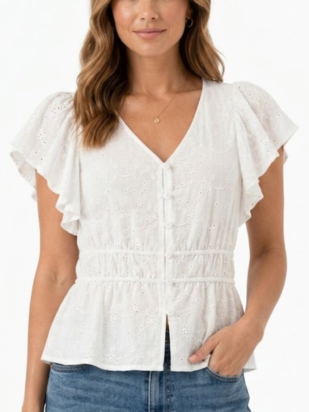 White Eyelet Peplum Blouse Flutter Sleeve Size M (8/10)